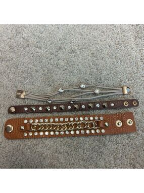 Bundle of brown rhinestone Chainlink  leather bracelets western rodeo stampede